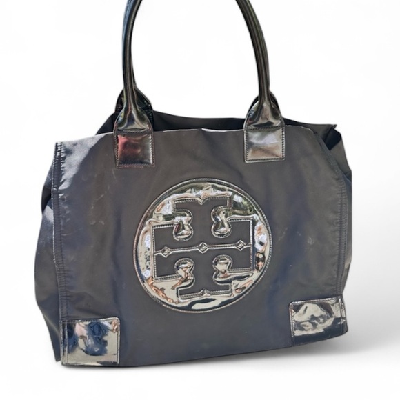 Tory Burch Handbags - Tory Burch Ella Patent Shoulder Tote Bag Large Logo Black Patent Leather Used